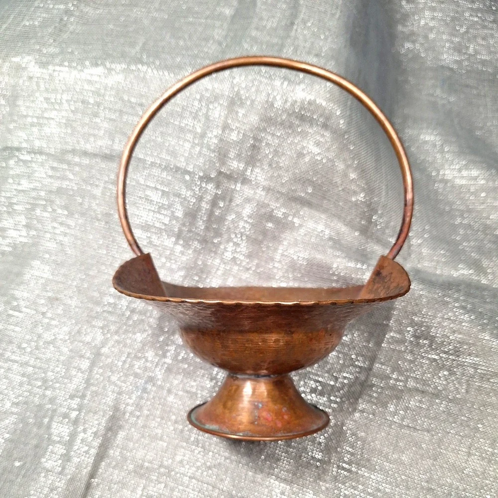2 Mini Vintage Hammered Copper Basket & Metal Weave Handles Metalware Decor MCM